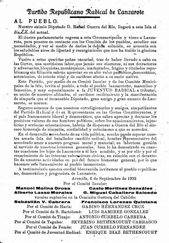 Convocatoria del Partido Republicano Radical de Lanzarote en TEXTOS 