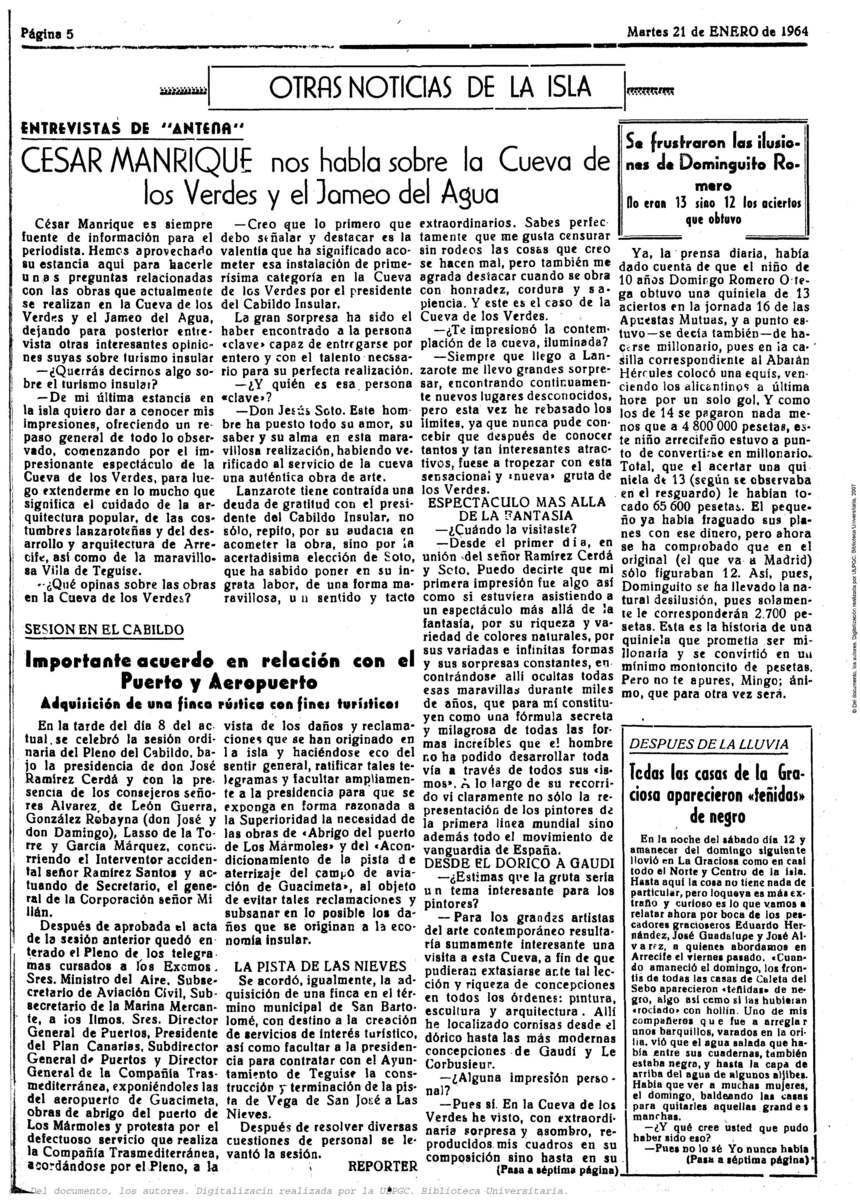 Entrevista a César Manrique sobre la Cueva de Los Verdes y Jameos del Agua en TEXTOS 