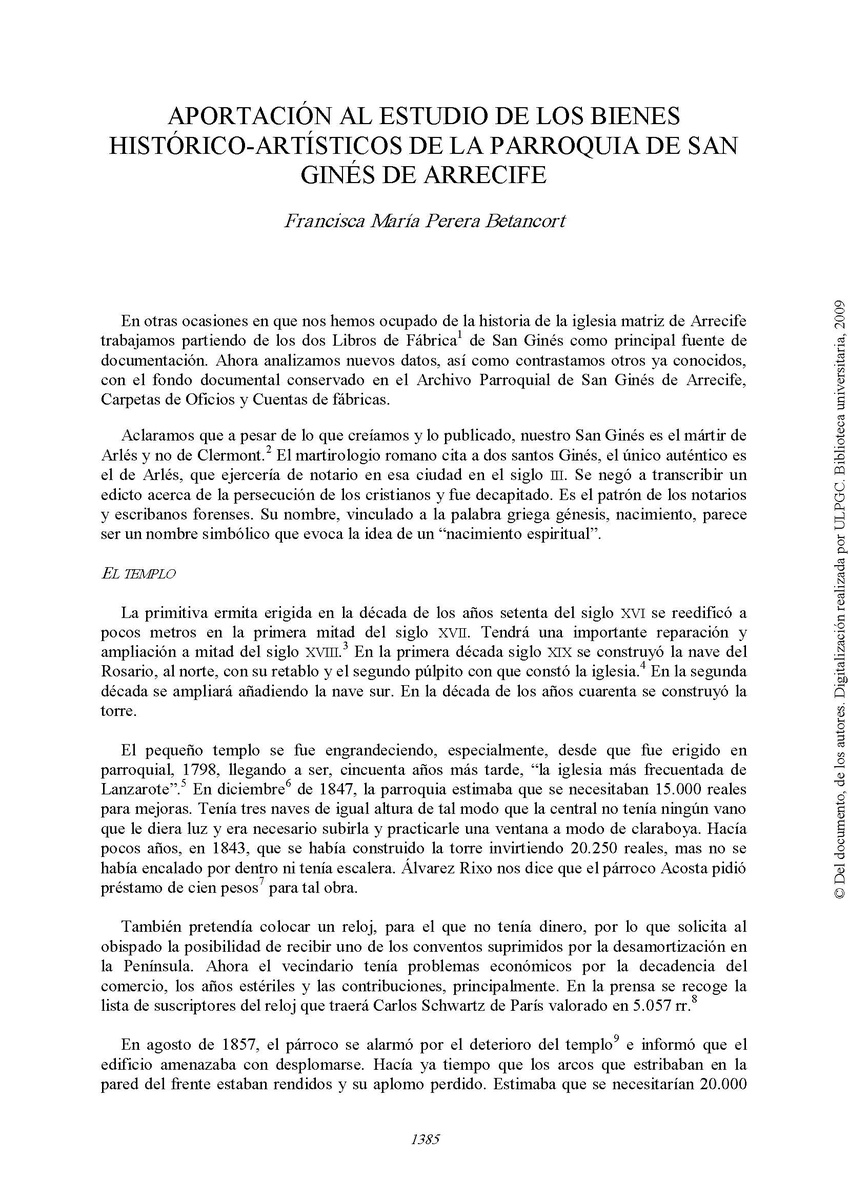 Aportación al estudio de los bienes histórico-artísticos de la parroquia de San Ginés de Arrecife