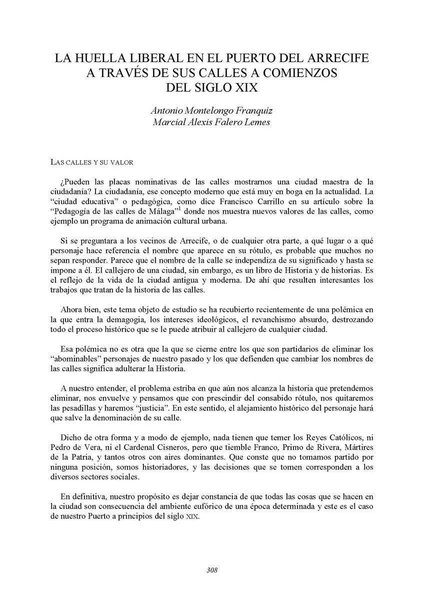 La huella liberal en el puerto del Arrecife a través de sus calles a comienzos del siglo XIX