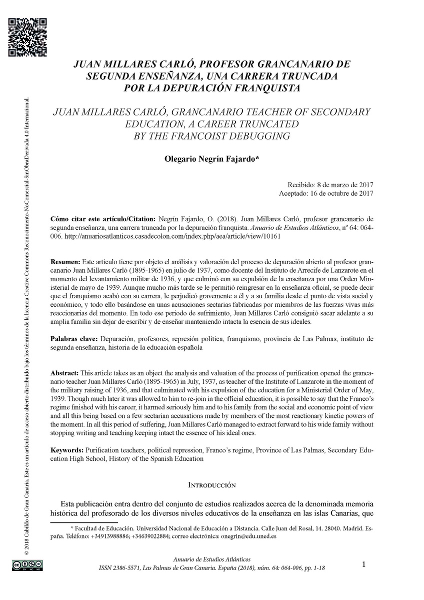 Juan Millares Carló, profesor grancanario de Segunda Enseñanza, una carrera truncada por la depuración franquista