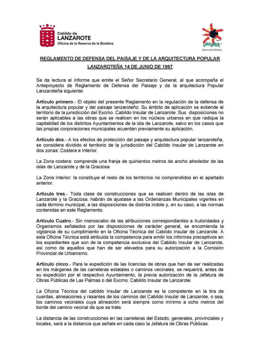 Reglamento de defensa del paisaje y la arquitectura popular Lanzarote (1967)
