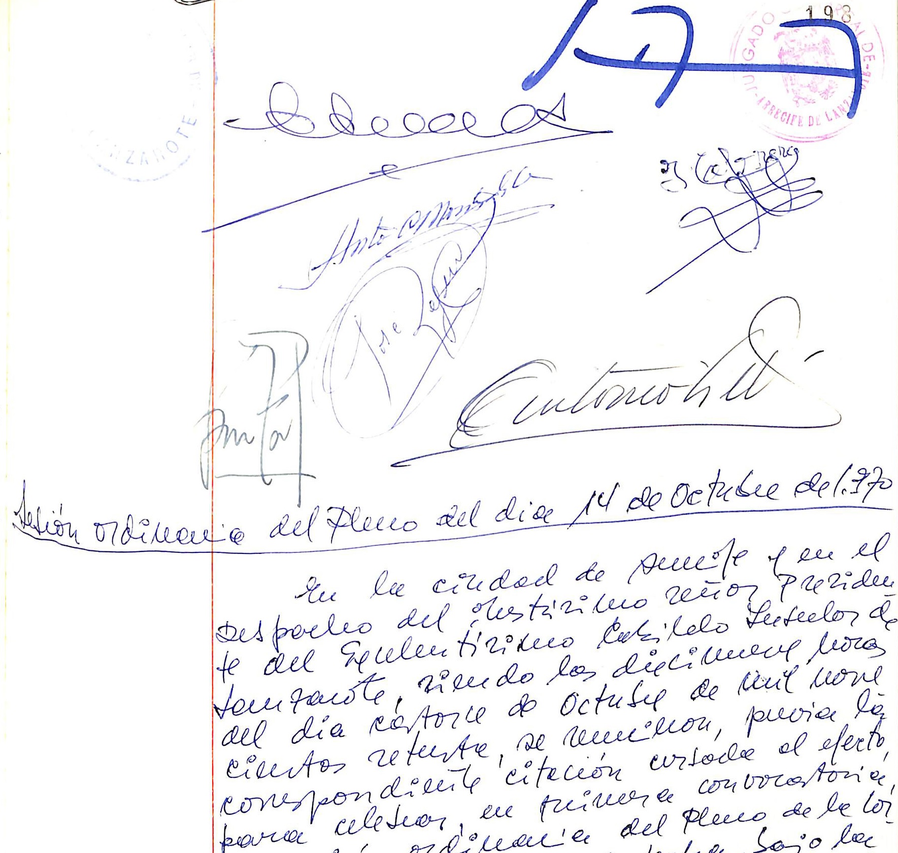 Acta Pleno Cabildo de Lanzarote 14-10-1970 aprueba iniciar expediente solicitar declaración Parque Nacional Timanfaya